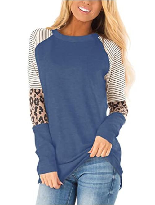 Floral Find Women's Long Sleeve Leopard Color Block Tunic Comfy Stripe Round Neck T Shirt Tops