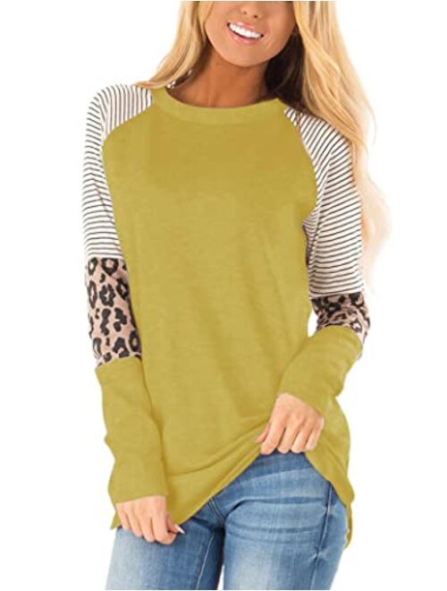 Floral Find Women's Long Sleeve Leopard Color Block Tunic Comfy Stripe Round Neck T Shirt Tops