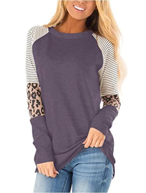 Floral Find Women's Long Sleeve Leopard Color Block Tunic Comfy Stripe Round Neck T Shirt Tops