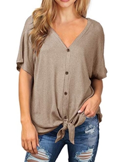 IWOLLENCE Womens Waffle Knit Tunic Blouse Tie Knot Short Sleeve Henley Tops Loose Fitting Bat Wing Shirts