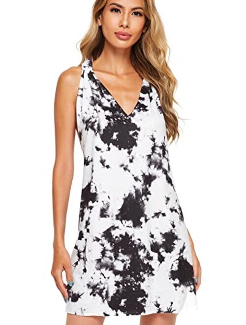 ROMWE Women's Sleeveless V Neck Tie Dye Tunic Tops Casual Swing Tee Shirt Dress