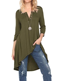 Naggoo Women's 3/4 Sleeve Button V Neck High Low Loose Fit Casual Long Tunic Tops Tee Shirts S-3XL