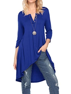 Naggoo Women's 3/4 Sleeve Button V Neck High Low Loose Fit Casual Long Tunic Tops Tee Shirts S-3XL