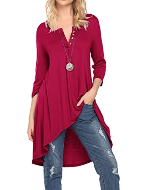 Naggoo Women's 3/4 Sleeve Button V Neck High Low Loose Fit Casual Long Tunic Tops Tee Shirts S-3XL