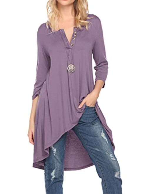 Naggoo Women's 3/4 Sleeve Button V Neck High Low Loose Fit Casual Long Tunic Tops Tee Shirts S-3XL