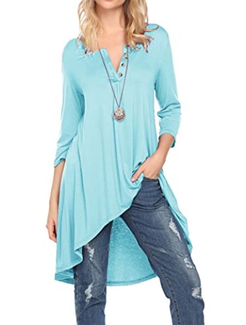 Naggoo Women's 3/4 Sleeve Button V Neck High Low Loose Fit Casual Long Tunic Tops Tee Shirts S-3XL