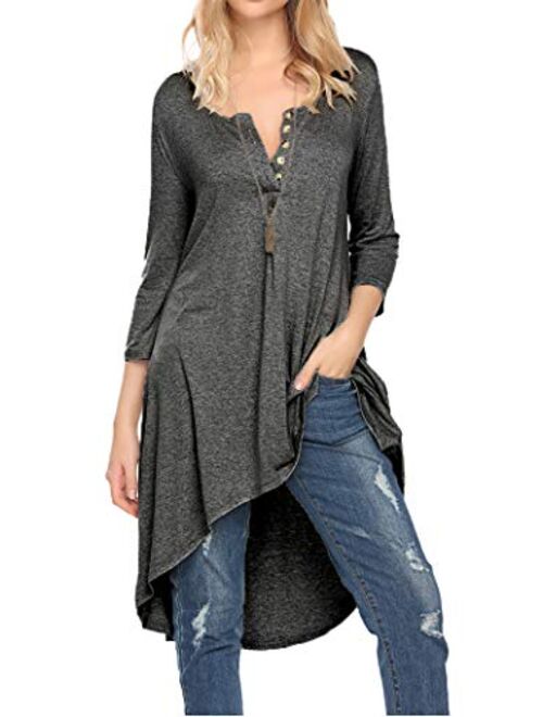 Naggoo Women's 3/4 Sleeve Button V Neck High Low Loose Fit Casual Long Tunic Tops Tee Shirts S-3XL