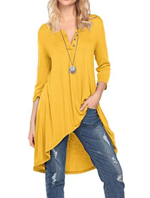 Naggoo Women's 3/4 Sleeve Button V Neck High Low Loose Fit Casual Long Tunic Tops Tee Shirts S-3XL