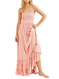 R.Vivimos Cotton Sexy Halter Neck Tie Backless Ruffle Hemline Long Summer Dresses