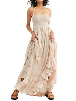 R.Vivimos Cotton Sexy Halter Neck Tie Backless Ruffle Hemline Long Summer Dresses