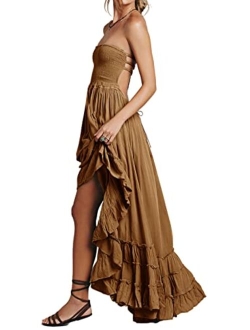 R.Vivimos Cotton Sexy Halter Neck Tie Backless Ruffle Hemline Long Summer Dresses