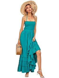 R.Vivimos Cotton Sexy Halter Neck Tie Backless Ruffle Hemline Long Summer Dresses