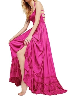 R.Vivimos Cotton Sexy Halter Neck Tie Backless Ruffle Hemline Long Summer Dresses