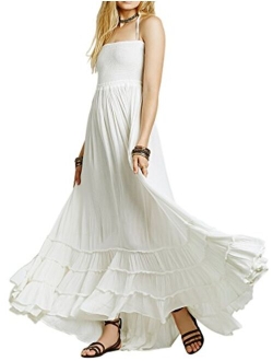 R.Vivimos Cotton Sexy Halter Neck Tie Backless Ruffle Hemline Long Summer Dresses