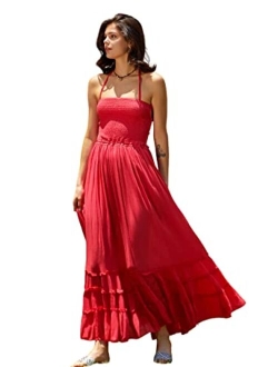 R.Vivimos Cotton Sexy Halter Neck Tie Backless Ruffle Hemline Long Summer Dresses