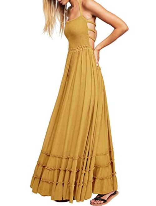 R.Vivimos Cotton Sexy Halter Neck Tie Backless Ruffle Hemline Long Summer Dresses