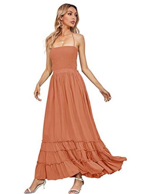 R.Vivimos Cotton Sexy Halter Neck Tie Backless Ruffle Hemline Long Summer Dresses