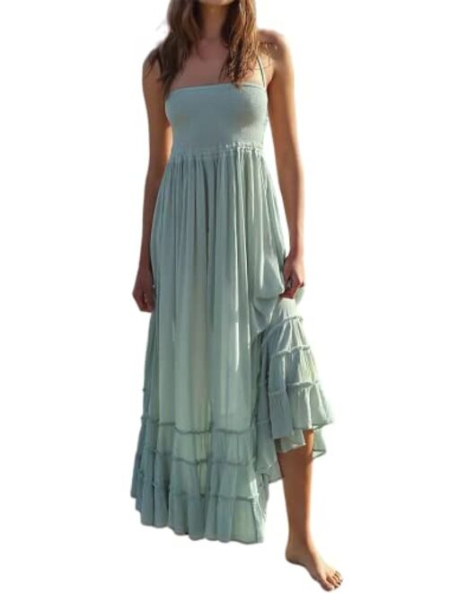 R.Vivimos Cotton Sexy Halter Neck Tie Backless Ruffle Hemline Long Summer Dresses