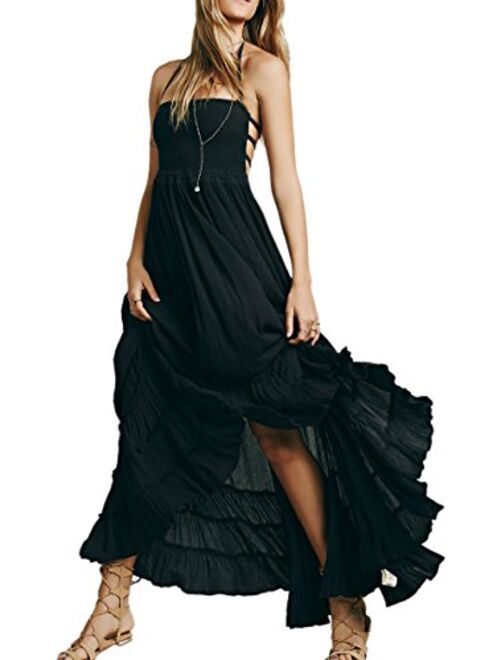 R.Vivimos Cotton Sexy Halter Neck Tie Backless Ruffle Hemline Long Summer Dresses