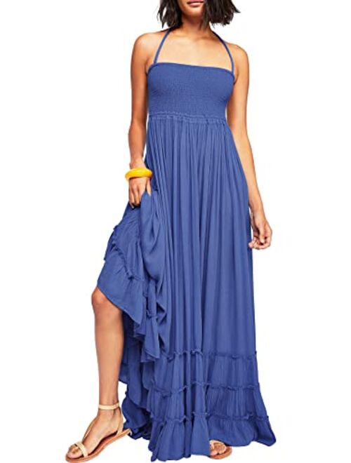 R.Vivimos Cotton Sexy Halter Neck Tie Backless Ruffle Hemline Long Summer Dresses