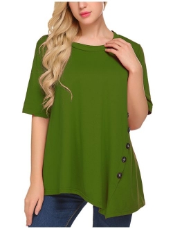 Sweetnight Women's Casual Scoop Neck Short Sleeve Solid Asymmetrical Pleated T-Shirt Blouse Top Plus Size