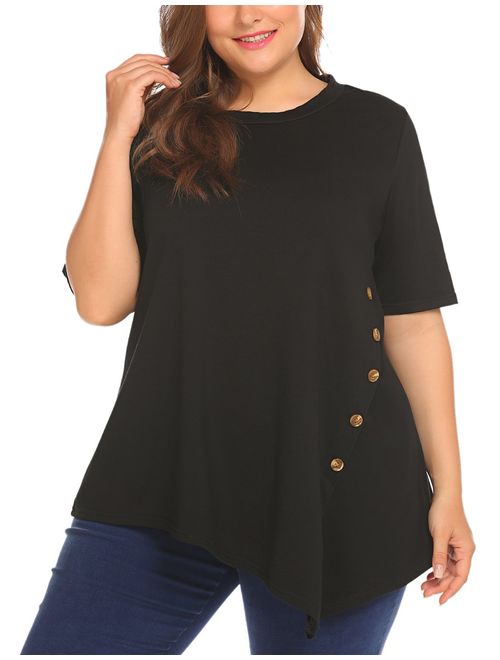 Sweetnight Women's Casual Scoop Neck Short Sleeve Solid Asymmetrical Pleated T-Shirt Blouse Top Plus Size