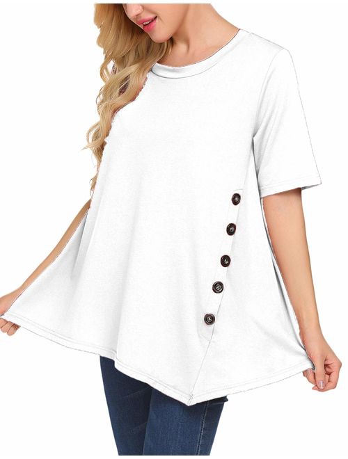 Sweetnight Women's Casual Scoop Neck Short Sleeve Solid Asymmetrical Pleated T-Shirt Blouse Top Plus Size