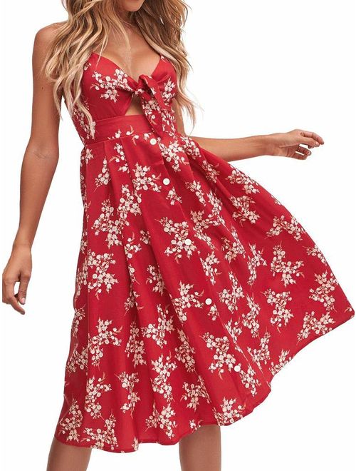 FANCYINN Womens Floral Prints Tie Front Button Down Spaghetti Strap Midi Dress