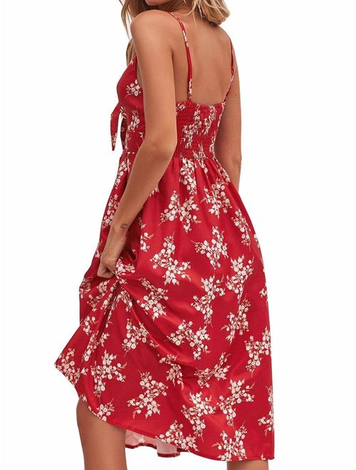 FANCYINN Womens Floral Prints Tie Front Button Down Spaghetti Strap Midi Dress