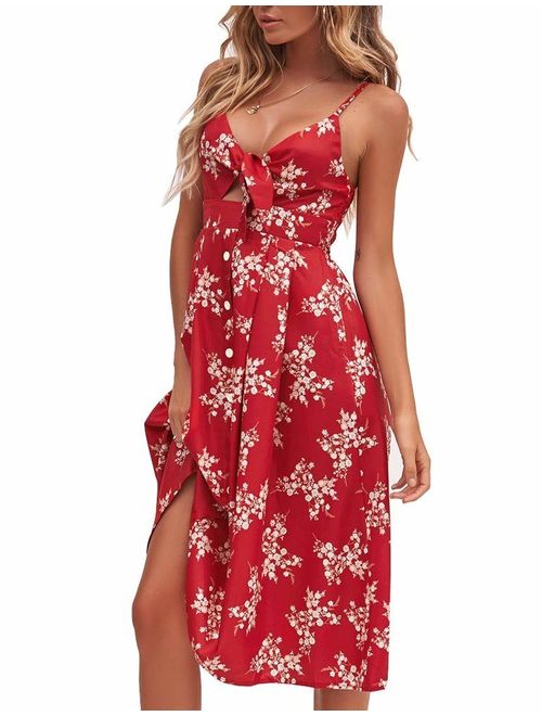 FANCYINN Womens Floral Prints Tie Front Button Down Spaghetti Strap Midi Dress