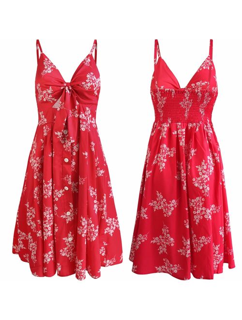 FANCYINN Womens Floral Prints Tie Front Button Down Spaghetti Strap Midi Dress