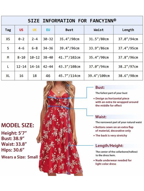 FANCYINN Womens Floral Prints Tie Front Button Down Spaghetti Strap Midi Dress