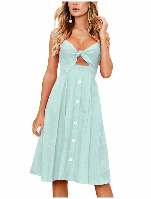 FANCYINN Womens Floral Prints Tie Front Button Down Spaghetti Strap Midi Dress