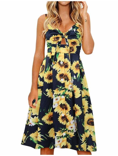 FANCYINN Womens Floral Prints Tie Front Button Down Spaghetti Strap Midi Dress