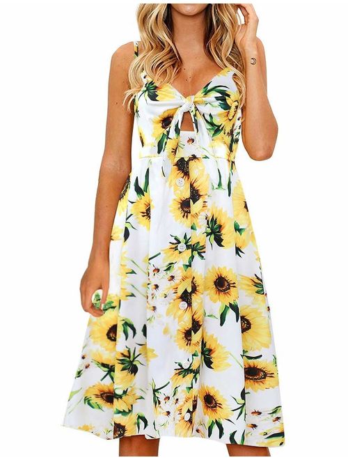 FANCYINN Womens Floral Prints Tie Front Button Down Spaghetti Strap Midi Dress