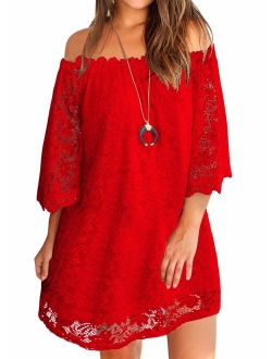 MIHOLL Women's Off Shoulder Lace Shift Loose Mini Dress