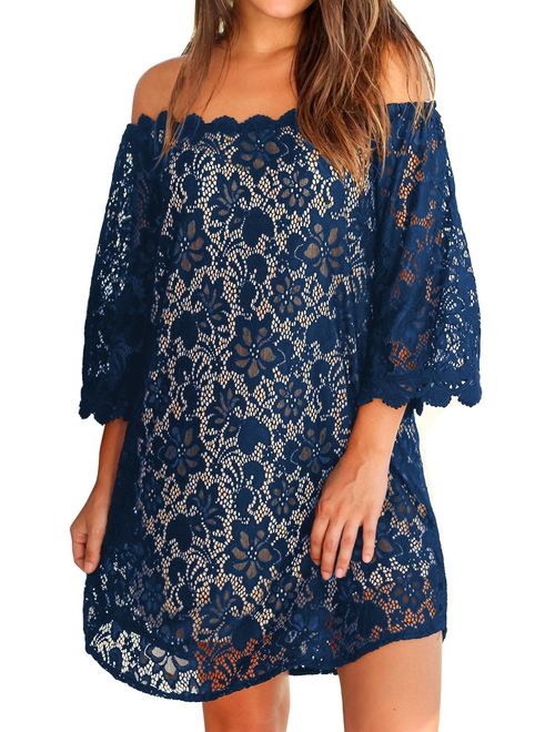 MIHOLL Women's Off Shoulder Lace Shift Loose Mini Dress