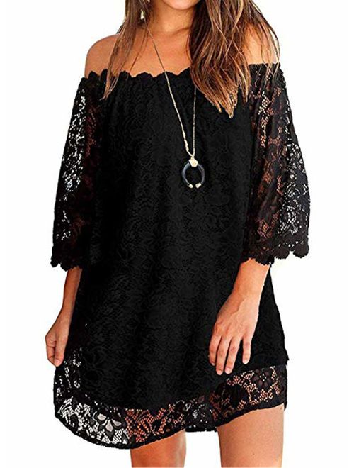 MIHOLL Women's Off Shoulder Lace Shift Loose Mini Dress