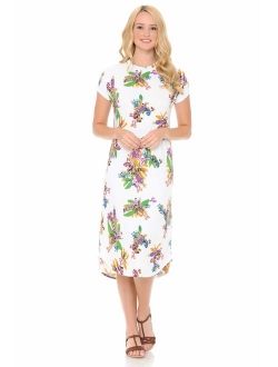 iconic luxe Women's A-Line Short Sleeve Midi Dress Solid and Floral Print