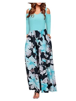 STYLEWORD Cold Shoulder Floral Print Elegant Maxi Long Dress With Pocket