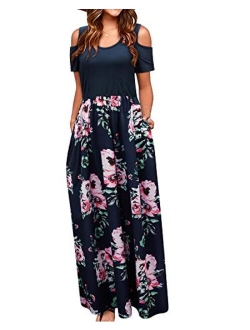 STYLEWORD Cold Shoulder Floral Print Elegant Maxi Long Dress With Pocket