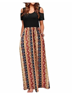 STYLEWORD Cold Shoulder Floral Print Elegant Maxi Long Dress With Pocket