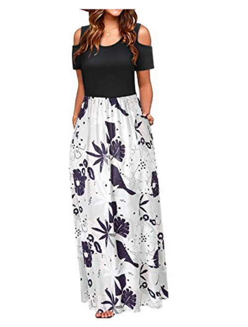 STYLEWORD Cold Shoulder Floral Print Elegant Maxi Long Dress With Pocket