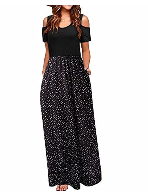 STYLEWORD Cold Shoulder Floral Print Elegant Maxi Long Dress With Pocket