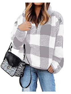 Angashion Women's Long Sleeve 1/4 Zip Up Lapel Fleece Sweatshirt Warm Plaid Fluffy Hoodies Pullover