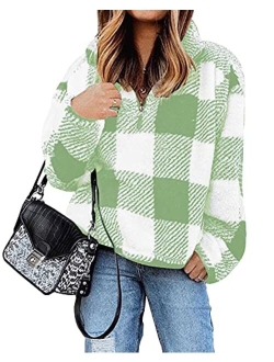 Angashion Women's Long Sleeve 1/4 Zip Up Lapel Fleece Sweatshirt Warm Plaid Fluffy Hoodies Pullover