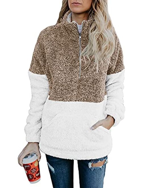 Angashion Women's Long Sleeve 1/4 Zip Up Lapel Fleece Sweatshirt Warm Plaid Fluffy Hoodies Pullover