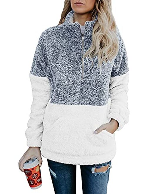 Angashion Women's Long Sleeve 1/4 Zip Up Lapel Fleece Sweatshirt Warm Plaid Fluffy Hoodies Pullover