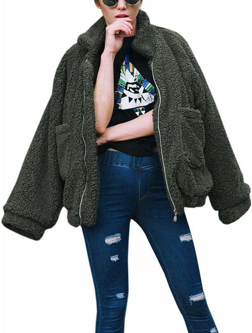 Womens Faux Shearling Jacket, Casual Lapel Fleece Fuzzy Jacket Shaggy Oversized Jacket Fashion Cardigan Coat