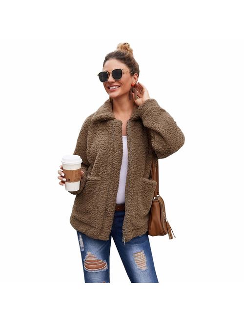 Womens Faux Shearling Jacket, Casual Lapel Fleece Fuzzy Jacket Shaggy Oversized Jacket Fashion Cardigan Coat